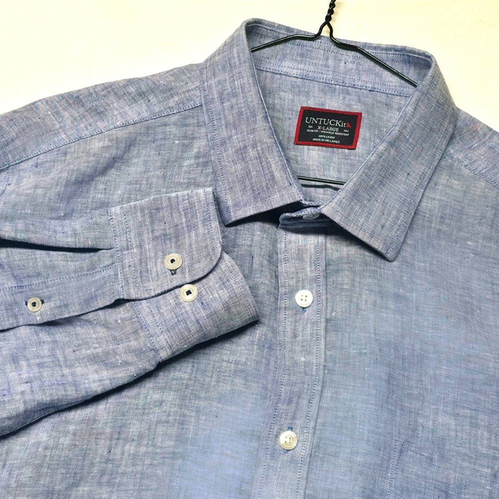 UNTUCKit Button Down Shirt Men's XL Blue 100% Linen Slim Fit Wrinkle Resistant